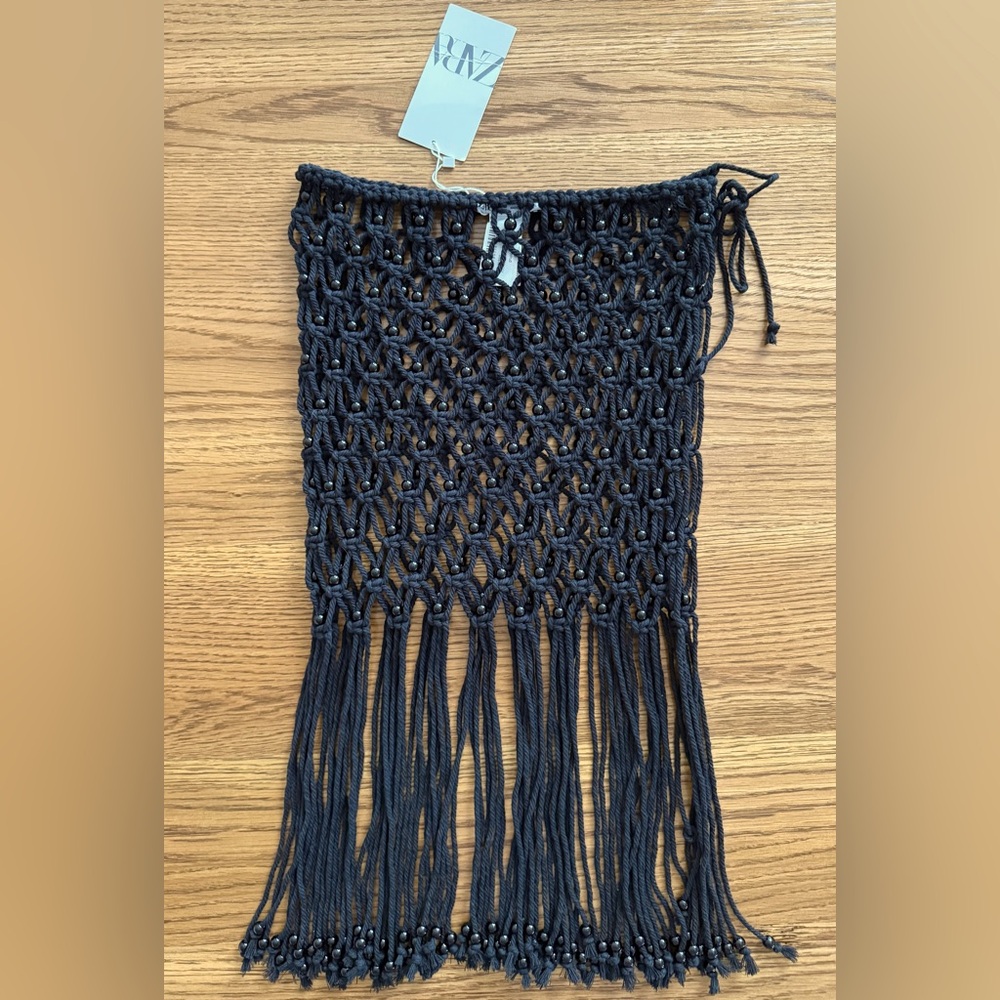 Zara BLACK FRINGED MESH SKIRT/ COVERUP